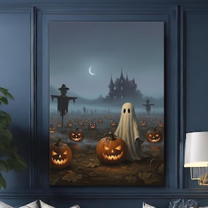 May include: A Halloween-themed canvas print featuring a spooky scene with jack-o'-lanterns, a ghost, and a haunted house under a moonlit sky. The artwork includes scarecrows in a field, creating a festive and eerie atmosphere.