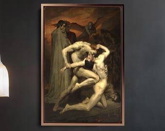 May include: A framed artwork depicting a classical scene with figures in a dark, dramatic setting. The painting is mounted on a black wall, with two armchairs, a small table, and a hanging light fixture.