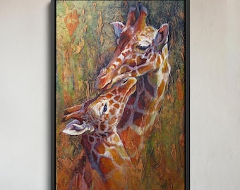 Baby and Mother Giraffe Painting – Canvas Wall Art, Animal Wall Decor, Nursery Art Print