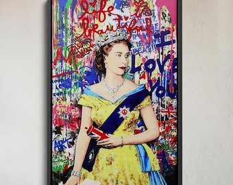 Arte mural de Banksy Queen Elizabeth, arte callejero de Banksy, arte pop, grafiti, láminas de arte famosas, arte mural de Banksy