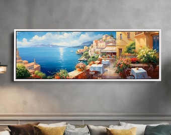 Hermoso lienzo de pintura al óleo de la costa italiana, arte mural italiano, vista panorámica al mar, enmarcado y listo para colgar, impresión artística costera escénica