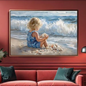 Little Blonde Kid on the Beach Painting Canvas PRINT, Abstract Beach Wall Art, Kid Playing with Shells on the Beach, Framed & Ready to Hang