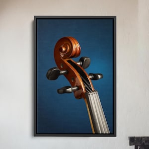 Cello Violin Scroll Canvas Wall Art, Classic String Instrument Music Lover Print, Moody Blue Background Decor Gift
