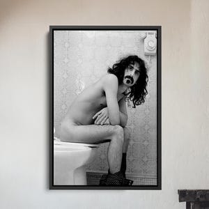 Puede incluir: Fotografía enmarcada en blanco y negro de una persona sentada en un inodoro. La persona tiene cabello largo y rizado y un gran bigote. La fotografía se muestra encima de una silla de madera y una chimenea con fuego.