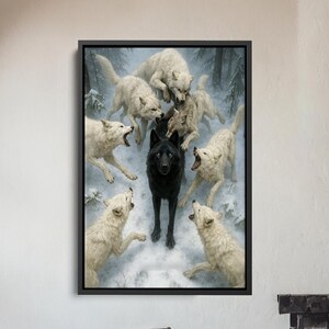 Puede incluir: Una obra de arte enmarcada representa un lobo negro rodeado de lobos blancos en una escena de bosque nevado. Los lobos están en varias poses, algunos aullando, creando una composición dramática e intensa. La obra se exhibe sobre una silla de madera y una chimenea.