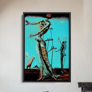 May include: A framed surrealist painting with a black frame. The artwork features a figure with outstretched arms, a giraffe, and other abstract forms against a blue background. The painting is displayed above a wooden chair and a fireplace.