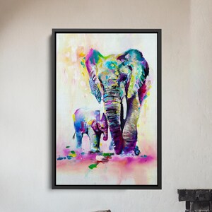 Abstract Elephant Mom and Baby Canvas Wall Art, Framed Safari Animal Print, Modern Wildlife Decor, Nursery or Living Room Poster