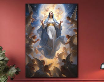 Heavenly Assumption of the Virgin Mary canvas wall art, Virgin Mary and the angels poster print
