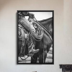 Desert Cowboy on Horse Black and White Canvas Print – Vintage Western Wall Art, Wild West Poster, Southwestern Rustic Photography