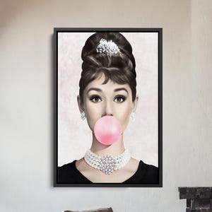Audrey Hepburn Bubble Gum Print – Trendy Woman Poster, Pink Bubble Gum Art Canvas Decor