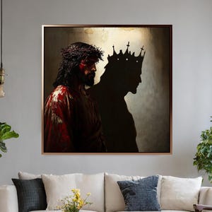 King Jesus Canvas Wall Art – Christian Framed Print, Religious Home Decor, Crowned Jesus Portrait, Faith-Based Wall Art