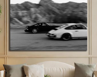 Racing Porsche 911 Canvas Wall Art, Vintage Black and White Car Print, Classic Sports Car Photography, Large Garage or Man Cave Decor Gift