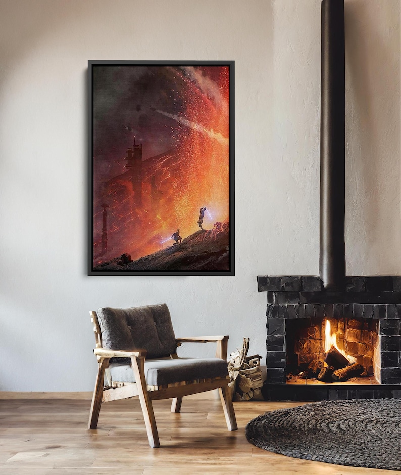 May include: A framed artwork depicting a dramatic sci-fi scene with figures wielding glowing weapons against a fiery, cosmic backdrop. The artwork is displayed above a fireplace, with a wooden armchair in the foreground.