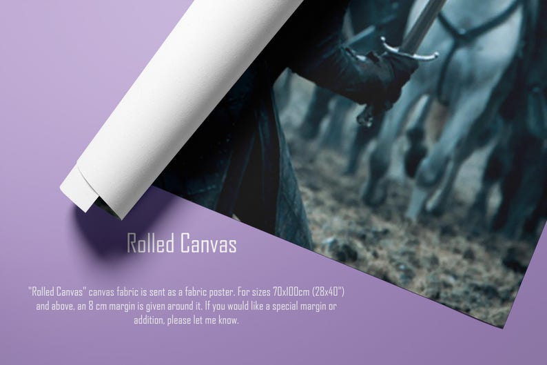 May include: Rolled canvas print featuring a scene with a person holding a sword, with horses in the background. The canvas is rolled up, revealing the image. The text "Rolled Canvas" is visible.