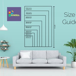 May include: A teal wall with a size guide for artwork, showing dimensions in inches and centimeters. The guide includes sizes from 14x20 inches (35x50 cm) to 55x83 inches (140x210 cm). A sofa, plant, and decor are in the foreground.