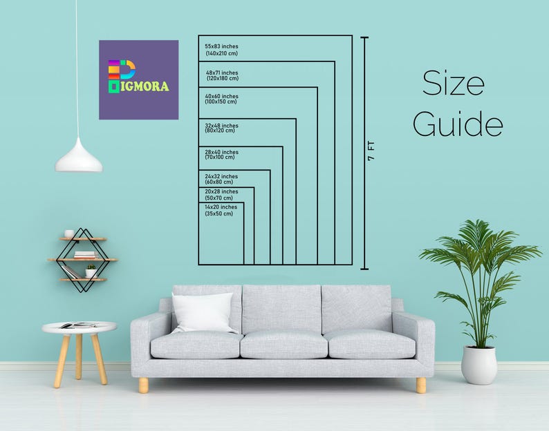 May include: A teal wall with a size guide for artwork, showing dimensions in inches and centimeters. The guide includes sizes from 14x20 inches (35x50 cm) to 55x83 inches (140x210 cm). A sofa, plant, and decor are in the foreground.