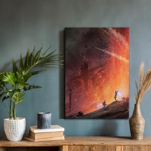 May include: A canvas print depicting a dramatic sci-fi scene with a fiery, orange and red background. Two figures stand on a rocky surface, facing a large structure. The artwork is displayed on a teal wall, with a plant and vase in the foreground.