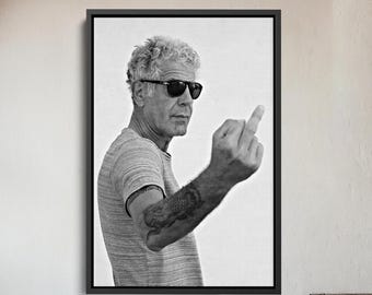 Anthony Bourdain Middle Finger Black and White Poster – Vintage Canvas Wall Art for Kitchen, Bar or Restaurant Decor