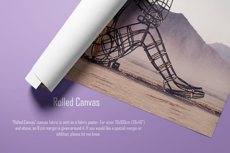 May include: Rolled canvas print featuring a wire sculpture of a seated figure against a landscape backdrop. The canvas is partially rolled, revealing its white interior. The text "Rolled Canvas" is visible, along with additional details.