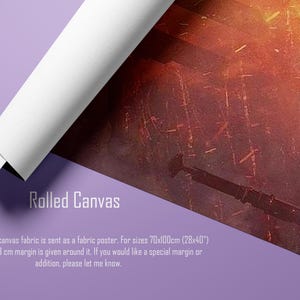 May include: Rolled canvas fabric poster with a fiery, detailed image, partially rolled up. The text "Rolled Canvas" is visible, along with details about the fabric and sizes, including 28x40 inches.