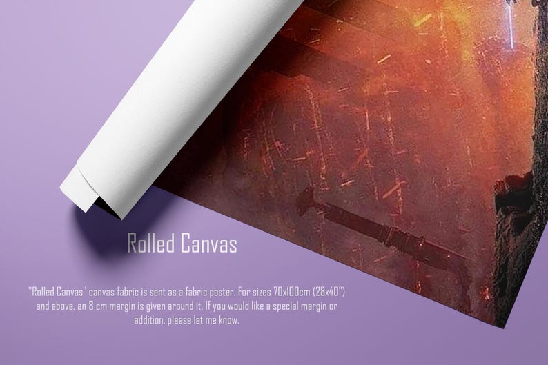 May include: Rolled canvas fabric poster with a fiery, detailed image, partially rolled up. The text "Rolled Canvas" is visible, along with details about the fabric and sizes, including 28x40 inches.