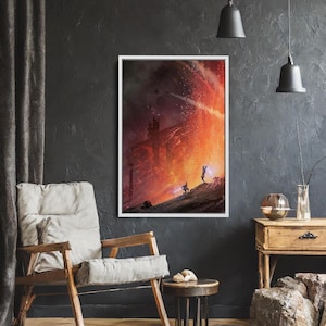May include: Framed artwork depicting a dramatic, fiery scene with silhouetted figures on a rocky landscape. The artwork is set against a dark, textured wall, with a wooden chair and side table in the foreground. Two pendant lights hang from the ceiling.