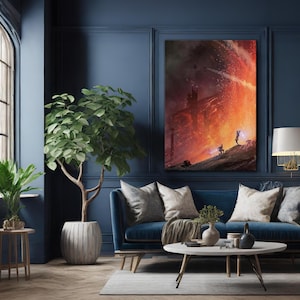May include: A large canvas art print depicting a dramatic, fiery scene with figures on a rocky landscape. The artwork features a vibrant mix of red, orange, and black hues, creating a sense of intense action and a sci-fi theme.