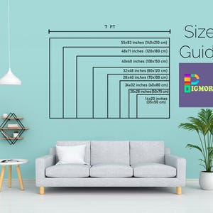 May include: A size guide graphic with dimensions in inches and centimeters, ranging from 14x20 inches (35x50 cm) to 55x83 inches (140x210 cm). The text "Size Guide" and a logo are also present. The image is set against a light blue wall.
