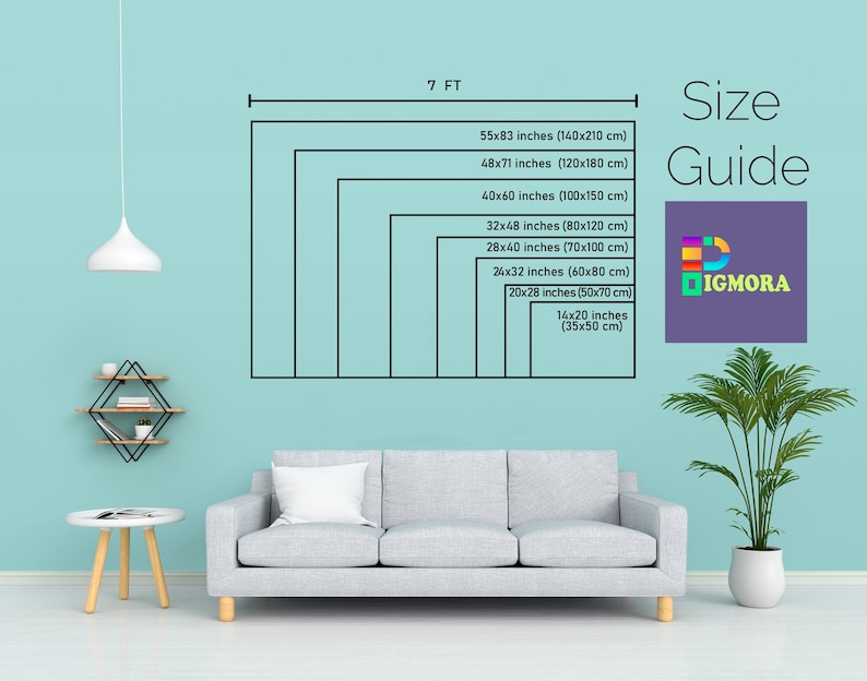 May include: A size guide graphic with dimensions in inches and centimeters, ranging from 14x20 inches (35x50 cm) to 55x83 inches (140x210 cm). The text "Size Guide" and a logo are also present. The image is set against a light blue wall.