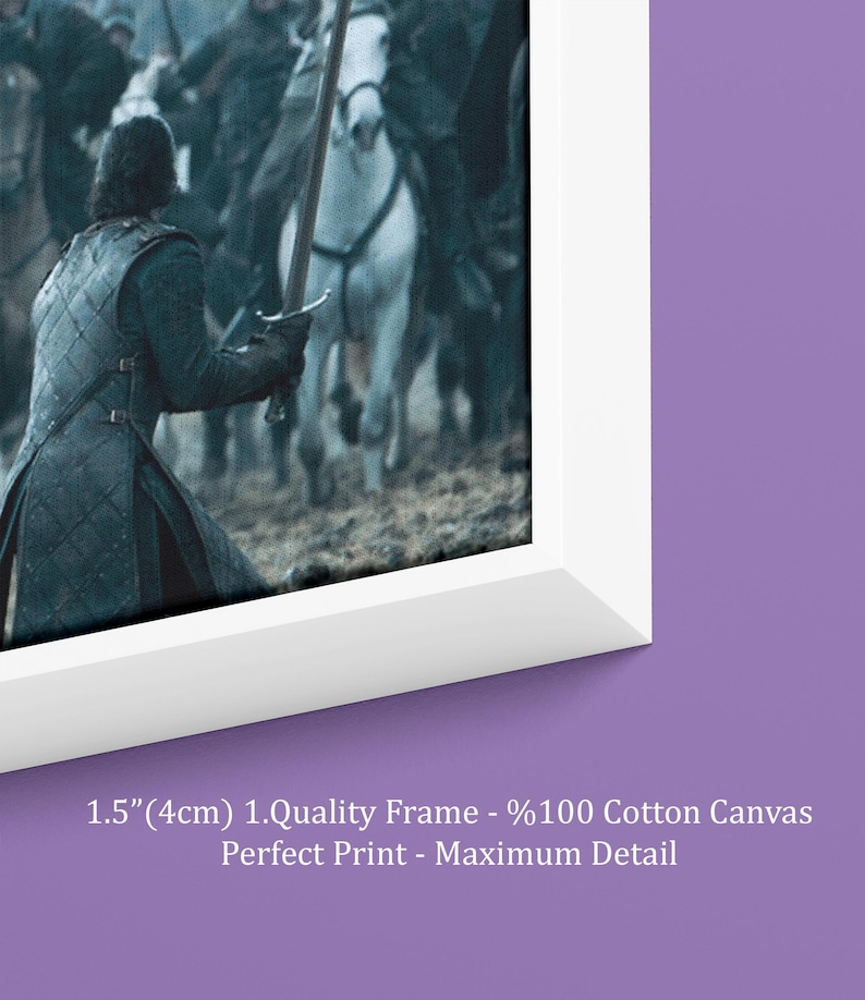 May include: A framed canvas print depicting a battle scene with figures on horseback and a warrior holding a sword. The frame is white, and the canvas has the text "1.5"(4cm) 1.Quality Frame - %100 Cotton Canvas Perfect Print - Maximum Detail".
