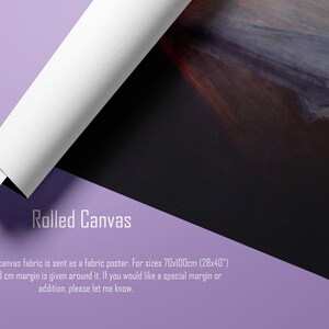 May include: Rolled canvas fabric poster with a religious image, partially rolled. The text "Rolled Canvas" is displayed, along with additional text about the product. The canvas has a black background with a portion of a painting visible.