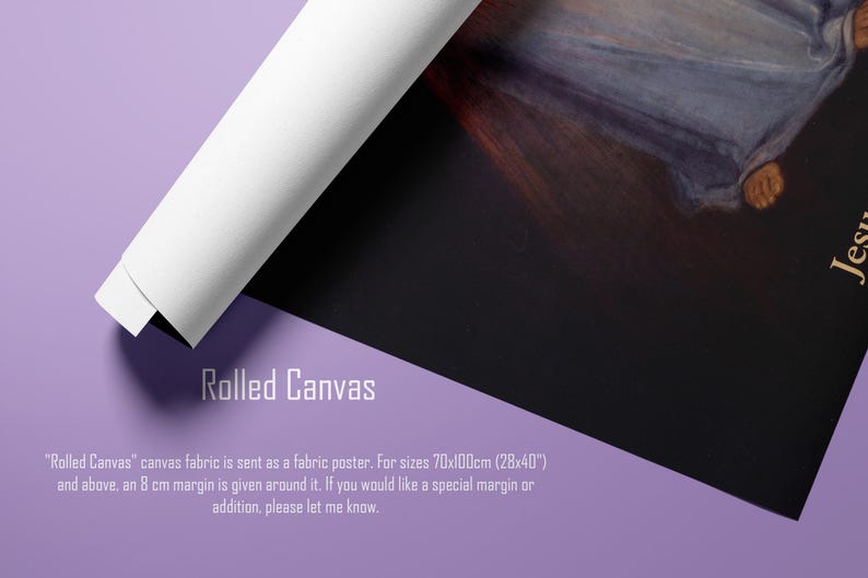 May include: Rolled canvas fabric poster with a religious image, partially rolled. The text "Rolled Canvas" is displayed, along with additional text about the product. The canvas has a black background with a portion of a painting visible.