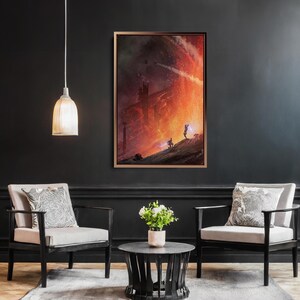 May include: A framed artwork depicting a dramatic, fiery landscape with figures on a hill. The artwork is in a room with two armchairs, a small table, and a hanging light fixture. The color palette includes shades of red, orange, and black.