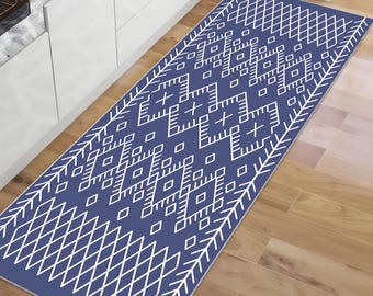 Runner Blue, White Ethnic Patterned Rug, Washable Vintage inspired Floor Mat for Meditation Corner Rug, Corridor
