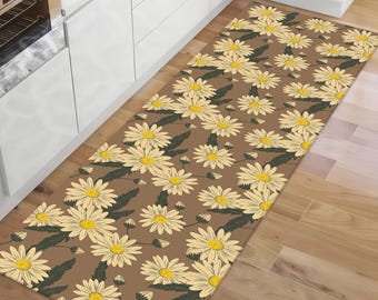 Alfombra de corredor, alfombra con margaritas amarillas, alfombra con flores suaves de primavera, alfombra para habitación de niños o bebés, alfombra con aspecto botánico.