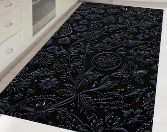 Luxury Black Floral Rug,Botanical Pattern Rug,Elegant Style Rug,Washable Rug,Living Room Rug, Bedroom Rug,Gothic Modern Rug,Floor Decoration