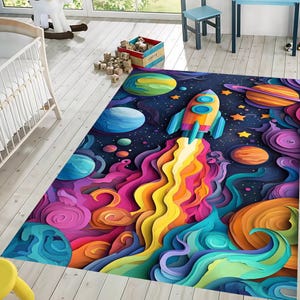 For Preschool Rug,Space Themed Rug,Planet Kids Room Rug,Fun Astronomy Play Mat,Galaxy Pattern Nursery Decor, Spaceship Area Rug,Washable Rug