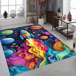 For Preschool Rug,Space Themed Rug,Planet Kids Room Rug,Fun Astronomy Play Mat,Galaxy Pattern Nursery Decor, Spaceship Area Rug,Washable Rug