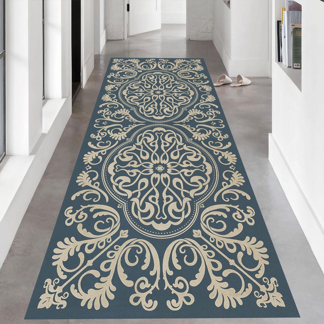 Elegant Blue and Beige Ethnic Pattern Rug, Washable Vintage Inspired ...