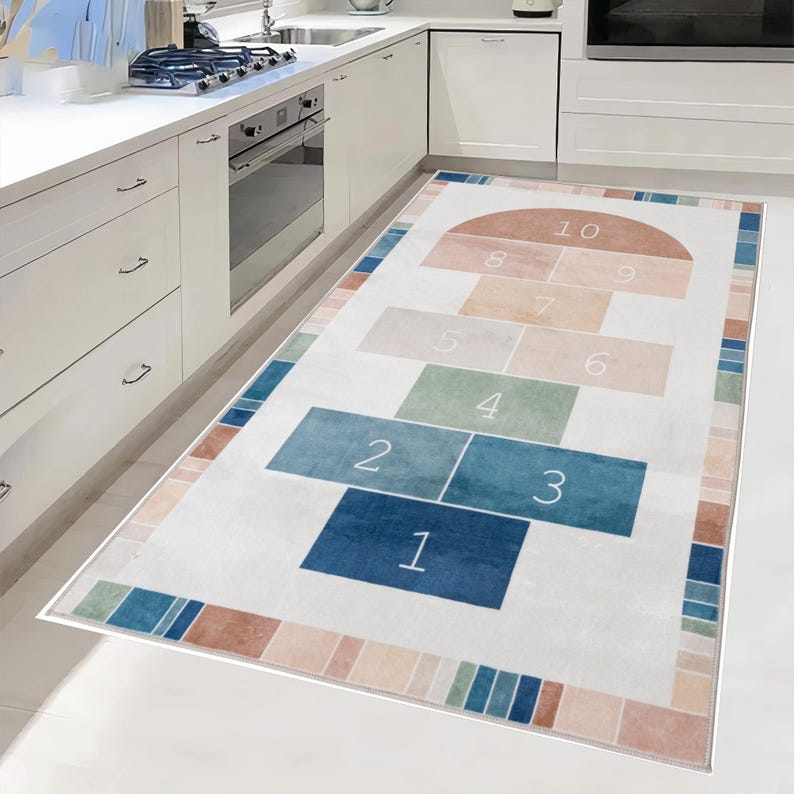 Educational Children Room Rug, Hopscotch Playroom Rug, Fun Rug, Baby Room Rug, Interactive Floor Game Rug, Kindergarten Rug, Washable Rug