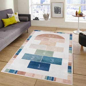 Educational Children Room Rug, Hopscotch Playroom Rug, Fun Rug, Baby Room Rug, Interactive Floor Game Rug, Kindergarten Rug, Washable Rug