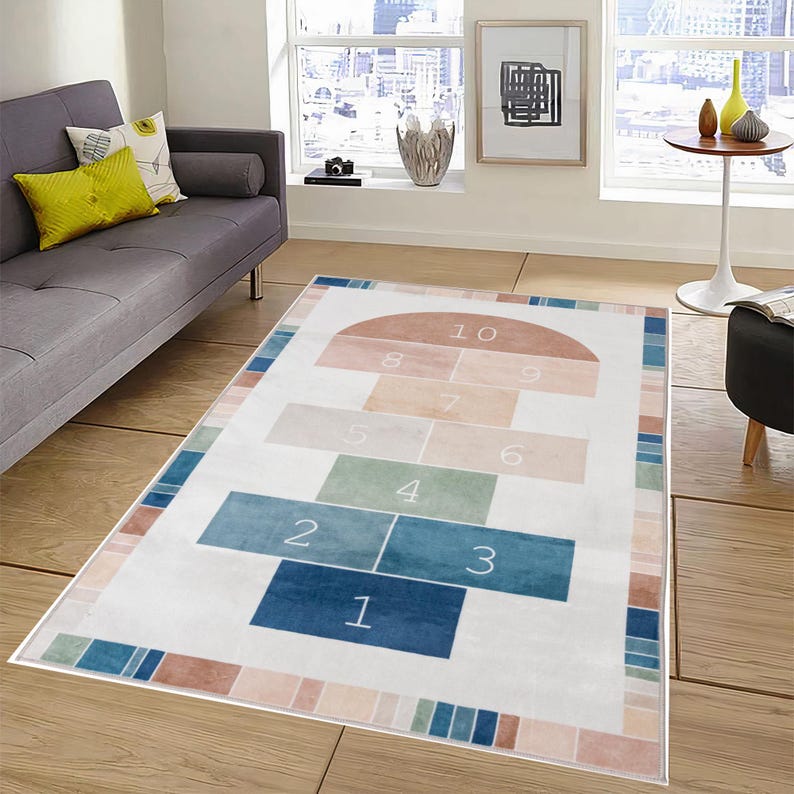 Educational Children Room Rug, Hopscotch Playroom Rug, Fun Rug, Baby Room Rug, Interactive Floor Game Rug, Kindergarten Rug, Washable Rug