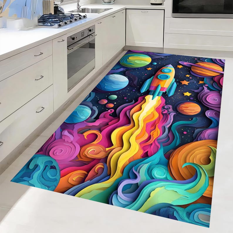 For Preschool Rug,Space Themed Rug,Planet Kids Room Rug,Fun Astronomy Play Mat,Galaxy Pattern Nursery Decor, Spaceship Area Rug,Washable Rug