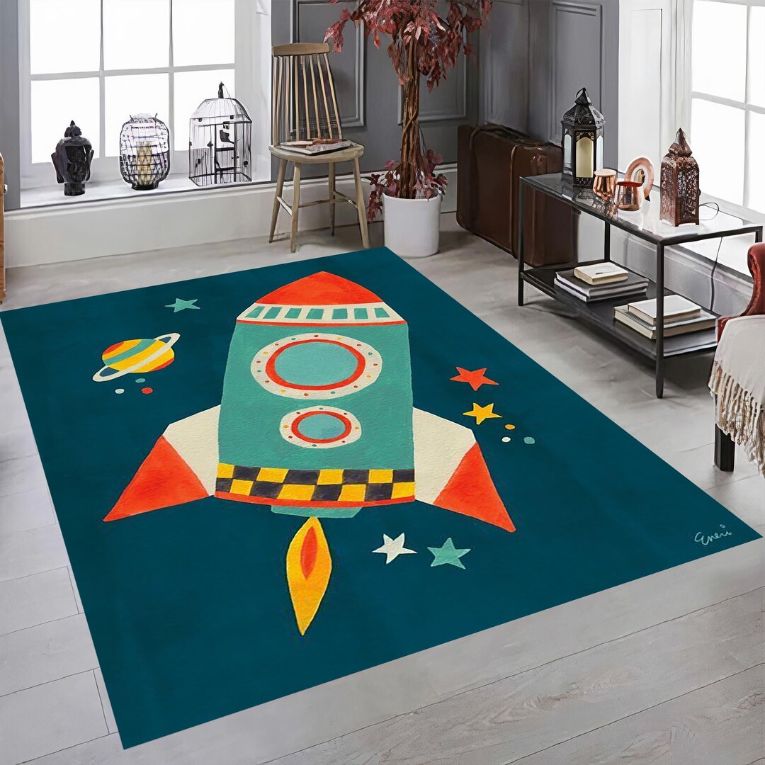 Space Themed Rug,rocket and Planet Kids Room Carpet, Fun Astronomy Play ...