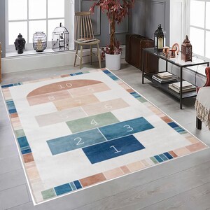 Educational Children Room Rug, Hopscotch Playroom Rug, Fun Rug, Baby Room Rug, Interactive Floor Game Rug, Kindergarten Rug, Washable Rug