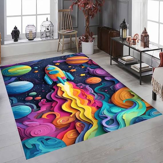 For Preschool Rug,Space Themed Rug,Planet Kids Room Rug,Fun Astronomy Play Mat,Galaxy Pattern Nursery Decor, Spaceship Area Rug,Washable Rug
