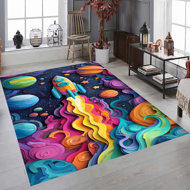 For Preschool Rug,Space Themed Rug,Planet Kids Room Rug,Fun Astronomy Play Mat,Galaxy Pattern Nursery Decor, Spaceship Area Rug,Washable Rug