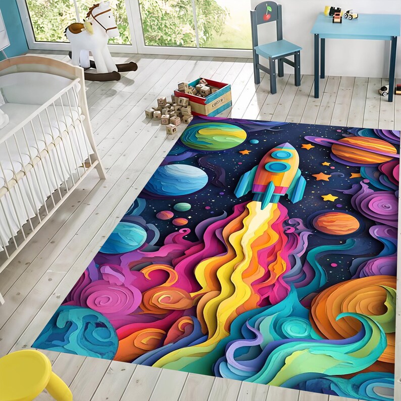 For Preschool Rug,Space Themed Rug,Planet Kids Room Rug,Fun Astronomy Play Mat,Galaxy Pattern Nursery Decor, Spaceship Area Rug,Washable Rug