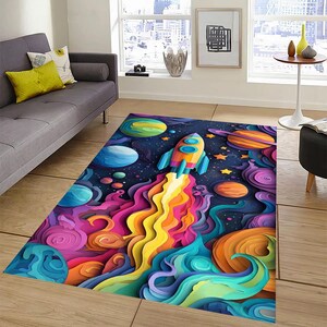 For Preschool Rug,Space Themed Rug,Planet Kids Room Rug,Fun Astronomy Play Mat,Galaxy Pattern Nursery Decor, Spaceship Area Rug,Washable Rug