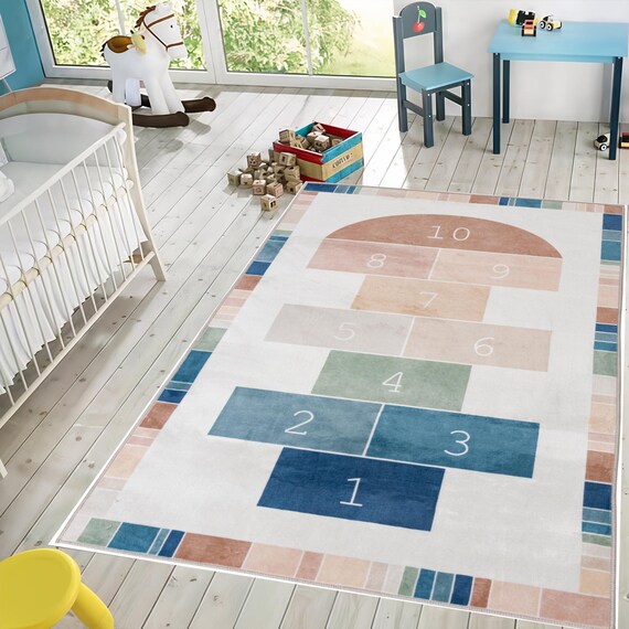 Educational Children Room Rug, Hopscotch Playroom Rug, Fun Rug, Baby Room Rug, Interactive Floor Game Rug, Kindergarten Rug, Washable Rug